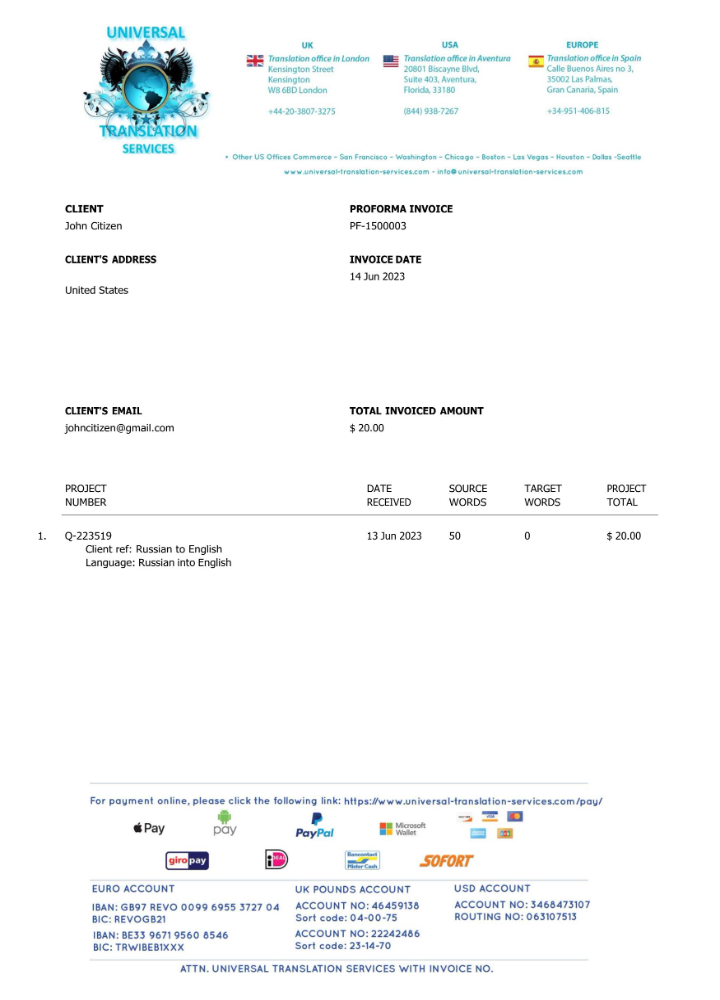 USA Universal Translation Services invoice Word and PDF template PSD template